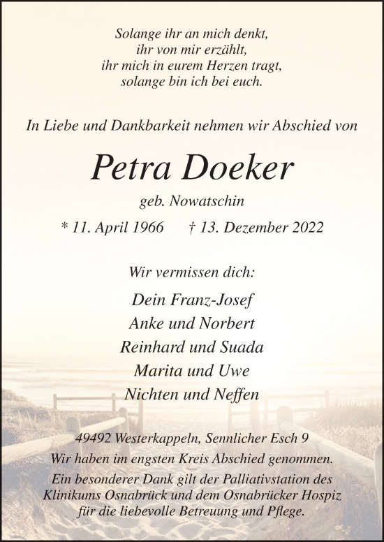 Traueranzeige von Petra Doeker von Neue Osnabrücker Zeitung GmbH & Co. KG