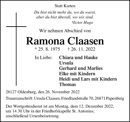 Traueranzeige von Ramona Claasen von Neue Osnabrücker Zeitung GmbH & Co. KG