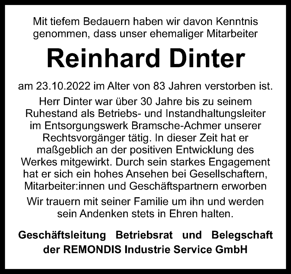  Traueranzeige für Reinhard Dinter vom 07.12.2022 aus Neue Osnabrücker Zeitung GmbH & Co. KG