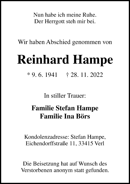 Traueranzeige von Reinhard Hampe von Neue Osnabrücker Zeitung GmbH & Co. KG