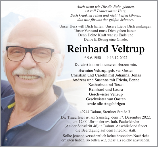 Traueranzeige von Reinhard Veltrup von Neue Osnabrücker Zeitung GmbH & Co. KG