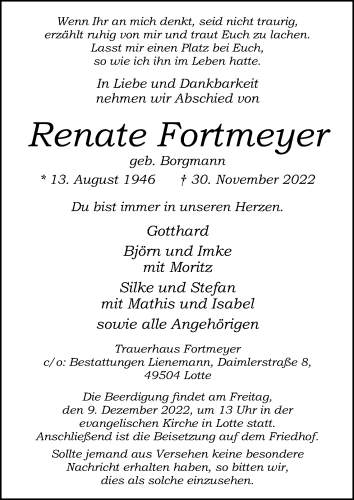  Traueranzeige für Renate Fortmeyer vom 03.12.2022 aus Neue Osnabrücker Zeitung GmbH & Co. KG