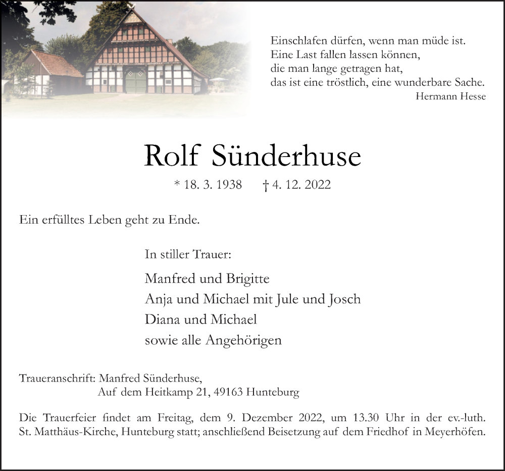  Traueranzeige für Rolf Sünderhuse vom 07.12.2022 aus Neue Osnabrücker Zeitung GmbH & Co. KG