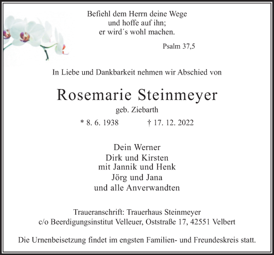 Traueranzeige von Rosemarie Steinmeyer von Neue Osnabrücker Zeitung GmbH & Co. KG