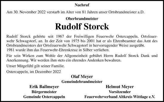 Traueranzeige von Rudolf Storck von Neue Osnabrücker Zeitung GmbH & Co. KG