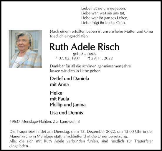 Traueranzeige von Ruth Adele Risch von Neue Osnabrücker Zeitung GmbH & Co. KG