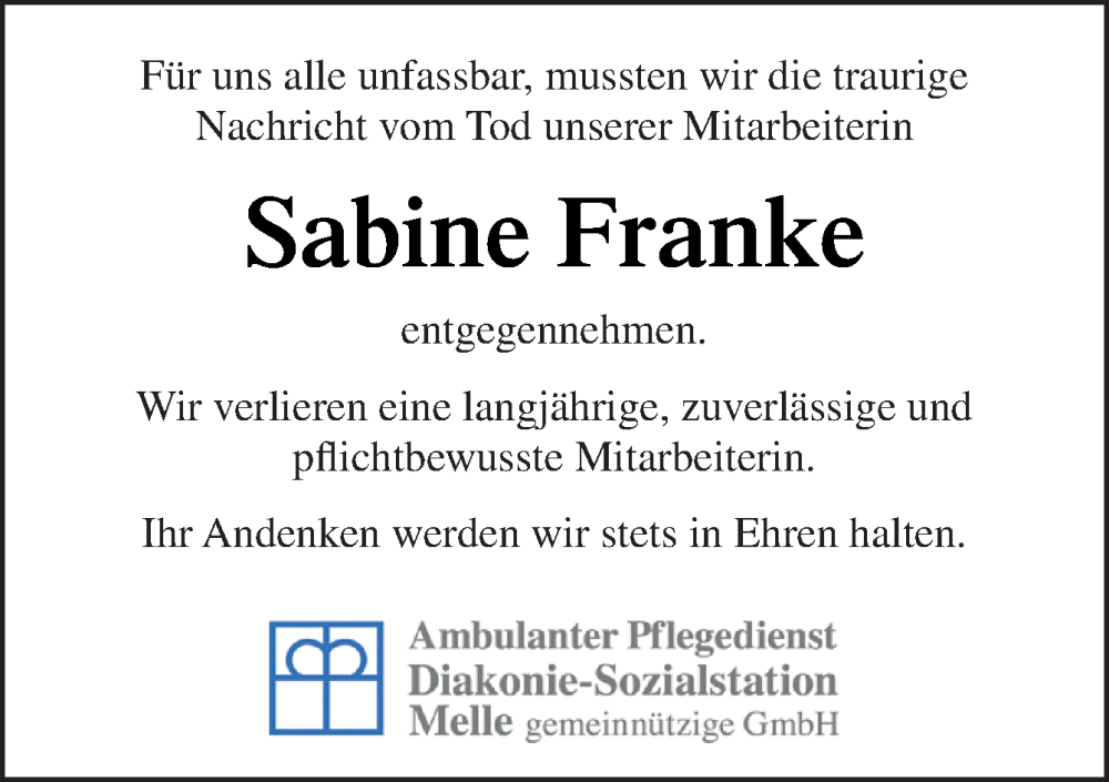  Traueranzeige für Sabine Franke vom 17.12.2022 aus Neue Osnabrücker Zeitung GmbH & Co. KG