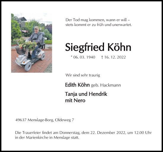 Traueranzeige von Siegfried Köhn von Neue Osnabrücker Zeitung GmbH & Co. KG