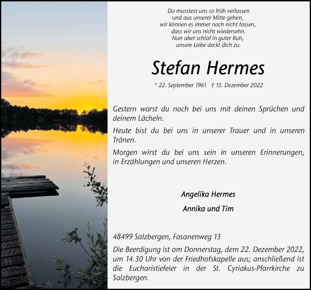  Traueranzeige für Stefan Hermes vom 19.12.2022 aus Neue Osnabrücker Zeitung GmbH & Co. KG