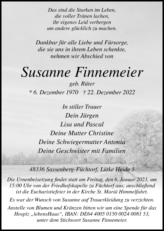 Traueranzeige von Susanne Finnemeier von Neue Osnabrücker Zeitung GmbH & Co. KG