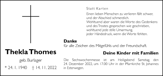 Traueranzeige von Thekla Thomes von Neue Osnabrücker Zeitung GmbH & Co. KG