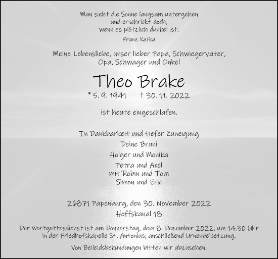 Traueranzeige von Theo Brake von Neue Osnabrücker Zeitung GmbH & Co. KG