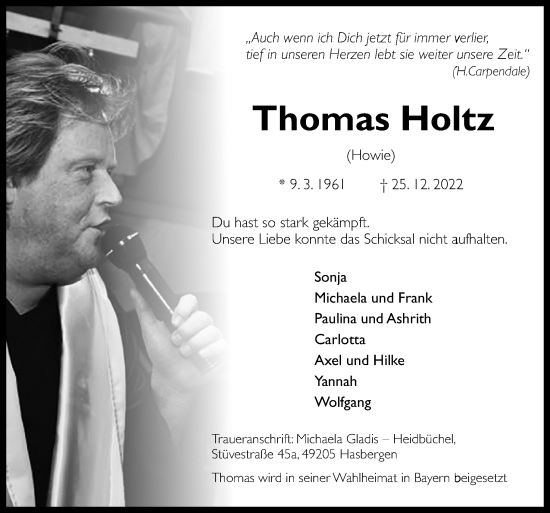 Traueranzeige von Thomas Holtz von Neue Osnabrücker Zeitung GmbH & Co. KG