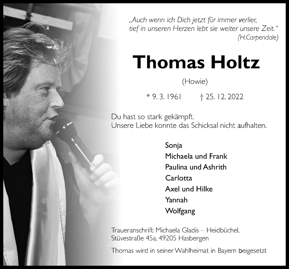  Traueranzeige für Thomas Holtz vom 31.12.2022 aus Neue Osnabrücker Zeitung GmbH & Co. KG