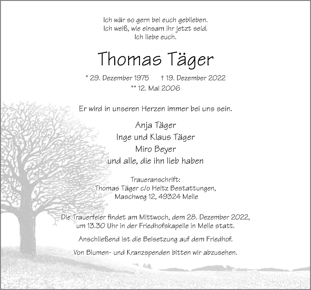  Traueranzeige für Thomas Täger vom 23.12.2022 aus Neue Osnabrücker Zeitung GmbH & Co. KG