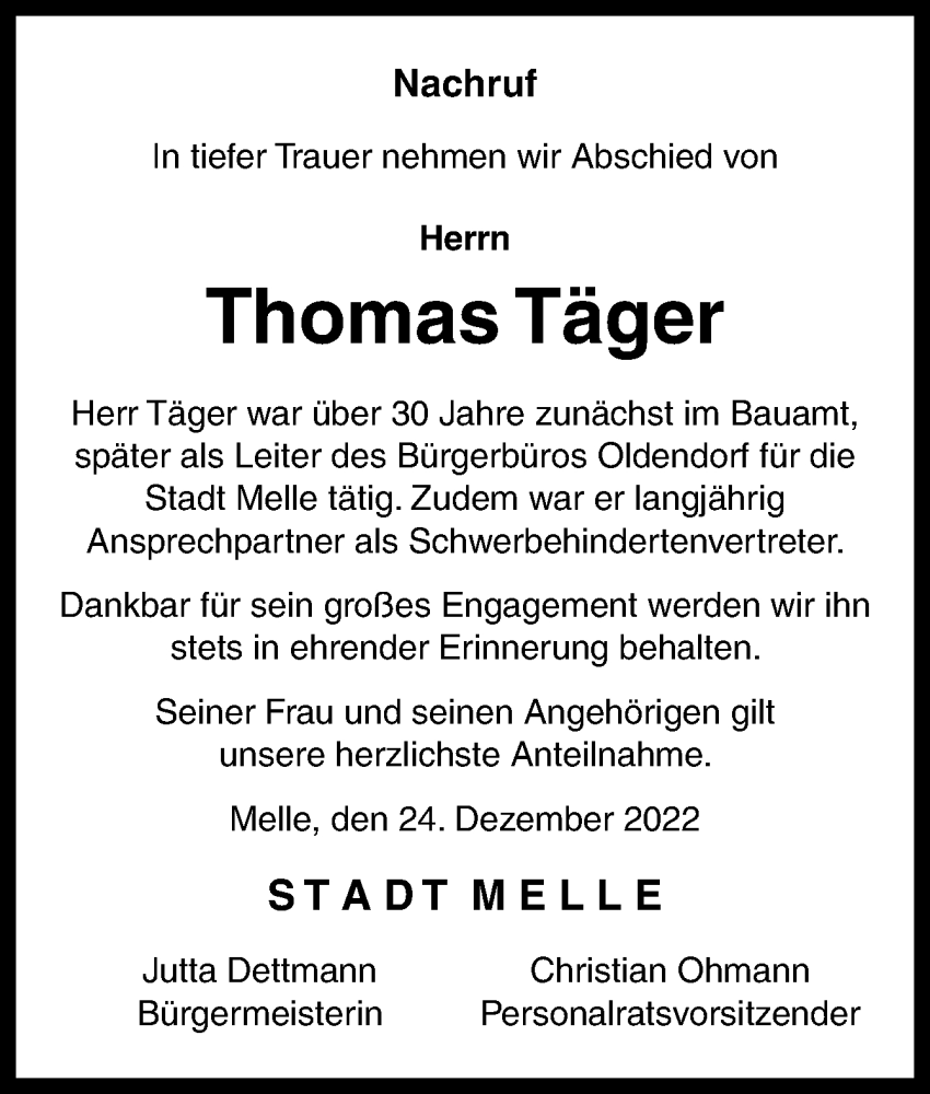 Traueranzeige für Thomas Täger vom 24.12.2022 aus Neue Osnabrücker Zeitung GmbH & Co. KG