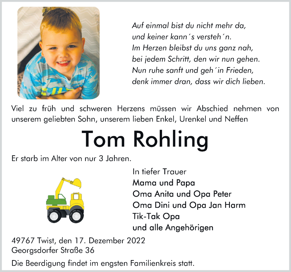  Traueranzeige für Tom Rohling vom 22.12.2022 aus Neue Osnabrücker Zeitung GmbH & Co. KG