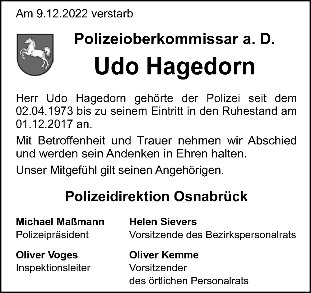  Traueranzeige für Udo Hagedorn vom 20.12.2022 aus Neue Osnabrücker Zeitung GmbH & Co. KG