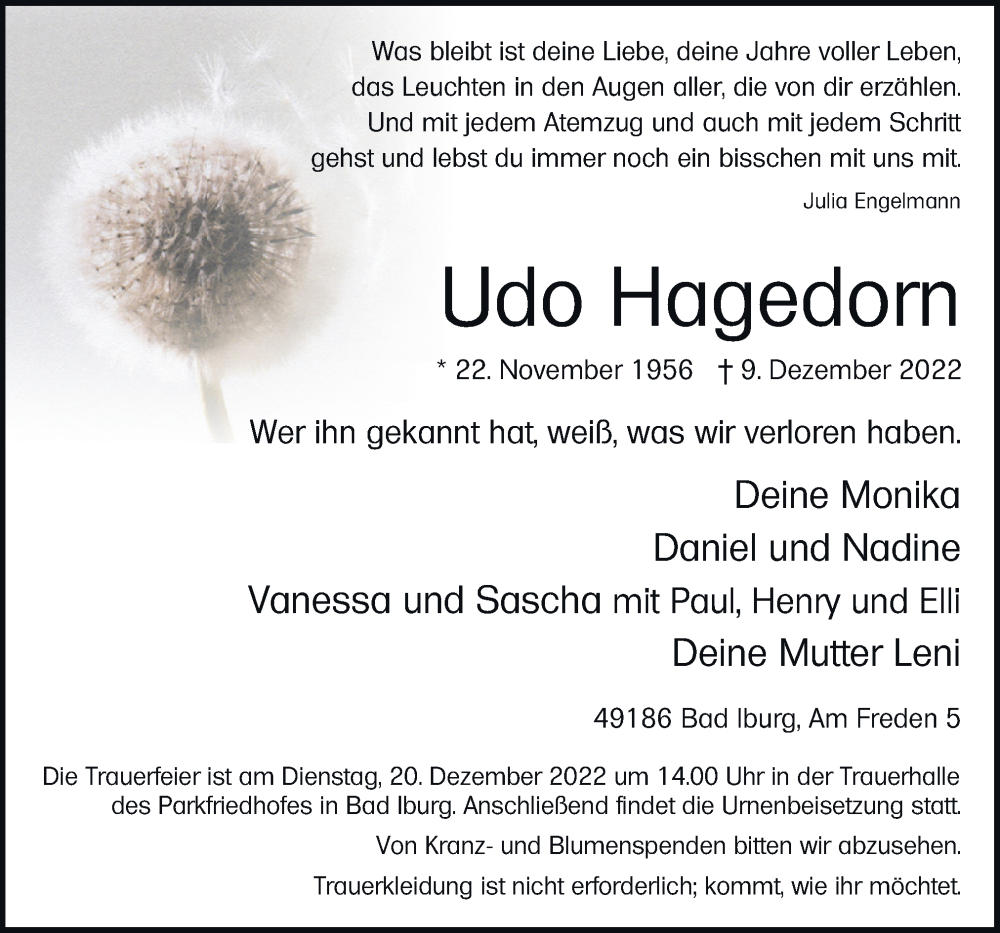  Traueranzeige für Udo Hagedorn vom 17.12.2022 aus Neue Osnabrücker Zeitung GmbH & Co. KG