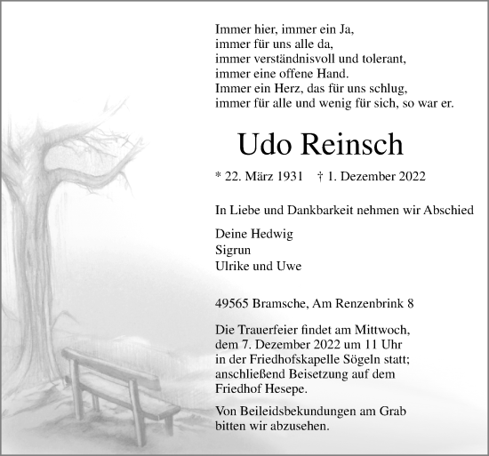 Traueranzeige von Udo Reinsch von Neue Osnabrücker Zeitung GmbH & Co. KG
