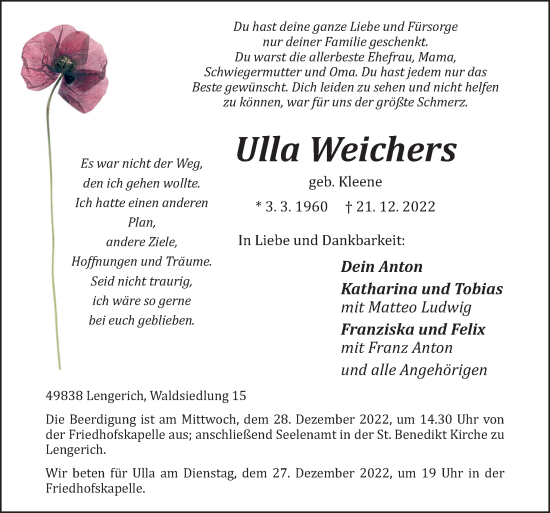 Traueranzeige von Ulla Weichers von Neue Osnabrücker Zeitung GmbH & Co. KG