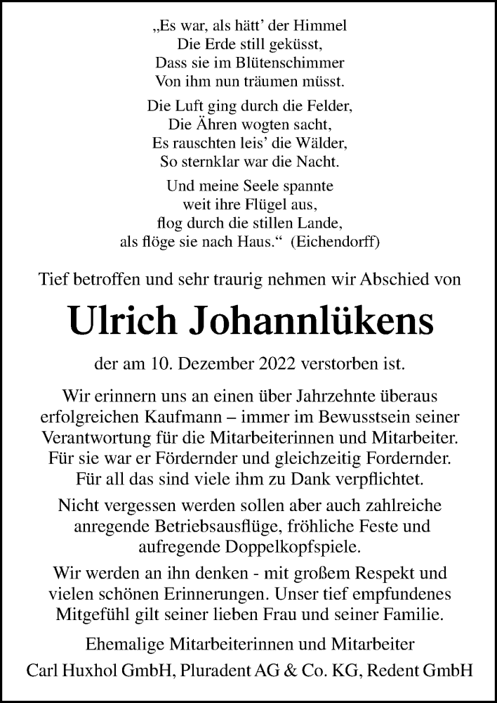  Traueranzeige für Ulrich Johannlükens vom 24.12.2022 aus Neue Osnabrücker Zeitung GmbH & Co. KG