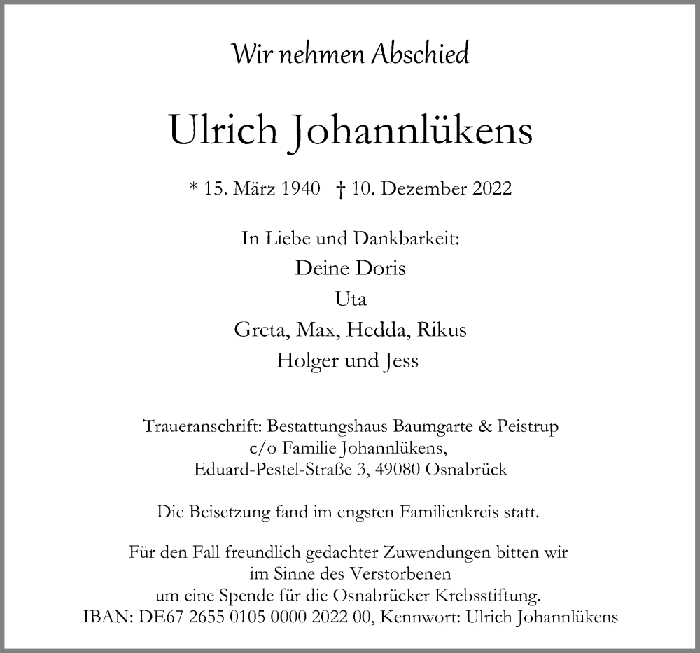  Traueranzeige für Ulrich Johannlükens vom 24.12.2022 aus Neue Osnabrücker Zeitung GmbH & Co. KG