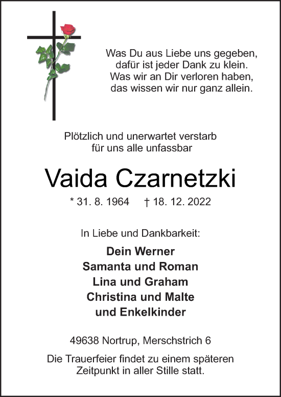 Traueranzeige von Vaida Czarnetzki von Neue Osnabrücker Zeitung GmbH & Co. KG