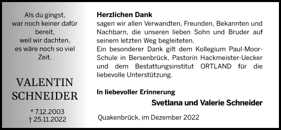 Traueranzeige von Valentin Schneider von Neue Osnabrücker Zeitung GmbH & Co. KG