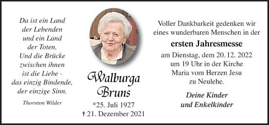 Traueranzeige von Walburga Bruns von Neue Osnabrücker Zeitung GmbH & Co. KG