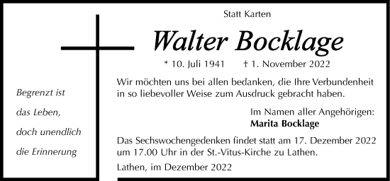 Traueranzeige von Walter Bocklage von Neue Osnabrücker Zeitung GmbH & Co. KG