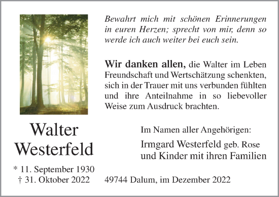 Traueranzeige von Walter Westerfeld von Neue Osnabrücker Zeitung GmbH & Co. KG