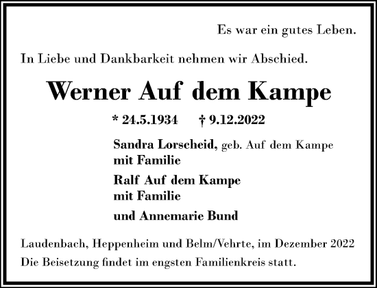 Traueranzeige von Werner Auf dem Kampe von Neue Osnabrücker Zeitung GmbH & Co. KG