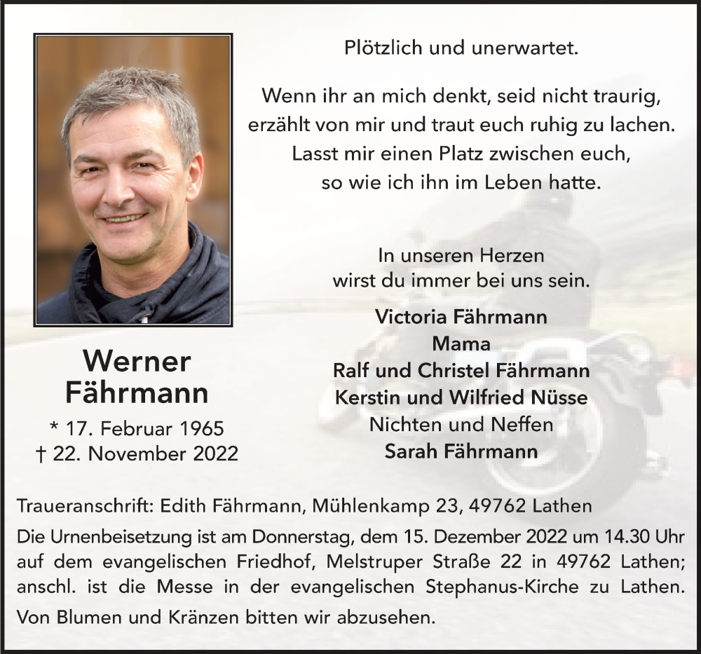  Traueranzeige für Werner Fährmann vom 10.12.2022 aus Neue Osnabrücker Zeitung GmbH & Co. KG