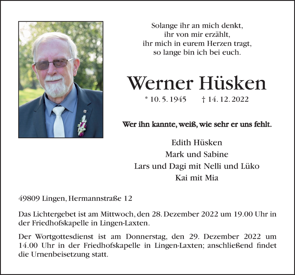  Traueranzeige für Werner Hüsken vom 21.12.2022 aus Neue Osnabrücker Zeitung GmbH & Co. KG