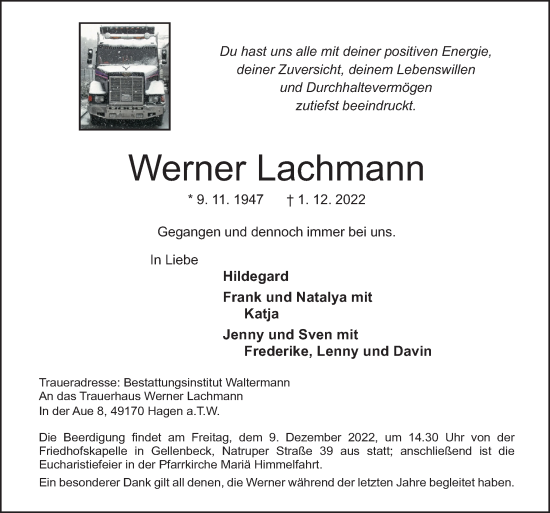 Traueranzeige von Werner Lachmann von Neue Osnabrücker Zeitung GmbH & Co. KG
