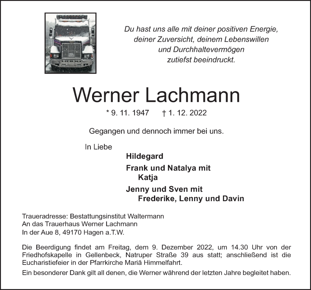  Traueranzeige für Werner Lachmann vom 05.12.2022 aus Neue Osnabrücker Zeitung GmbH & Co. KG