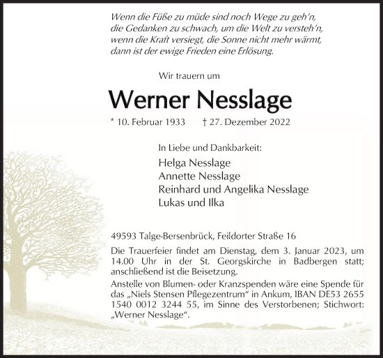 Traueranzeige von Werner Nesslage von Neue Osnabrücker Zeitung GmbH & Co. KG