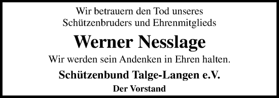 Traueranzeige von Werner Nesslage von Neue Osnabrücker Zeitung GmbH & Co. KG
