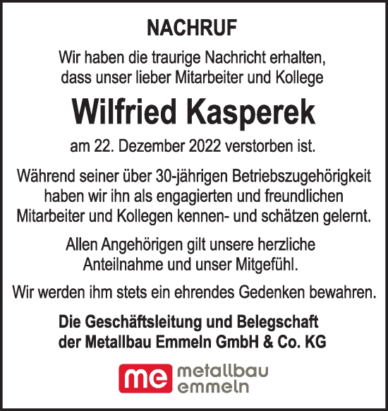 Traueranzeige von Wilfried Kasperek von Neue Osnabrücker Zeitung GmbH & Co. KG