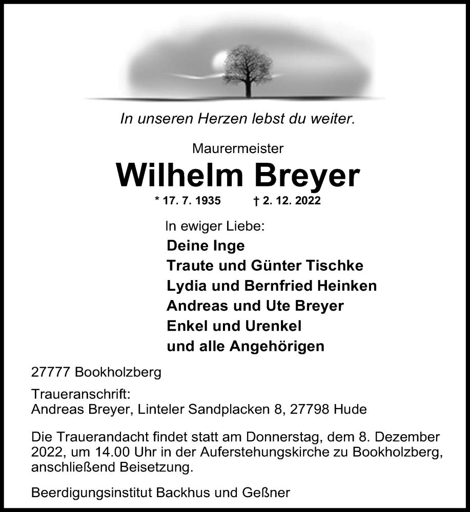  Traueranzeige für Wilhelm Breyer vom 06.12.2022 aus DK Medien GmbH & Co. KG