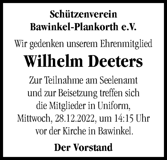 Traueranzeige von Wilhelm Deeters von Neue Osnabrücker Zeitung GmbH & Co. KG