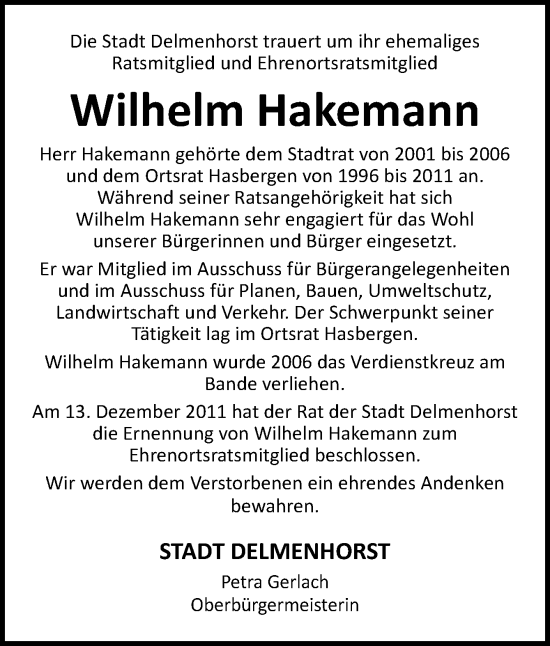 Traueranzeige von Wilhelm Hakemann von DK Medien GmbH & Co. KG