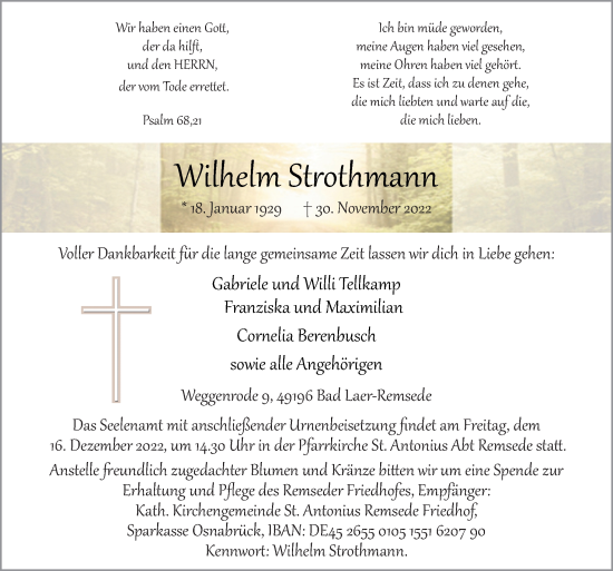 Traueranzeige von Wilhelm Strothmann von Neue Osnabrücker Zeitung GmbH & Co. KG