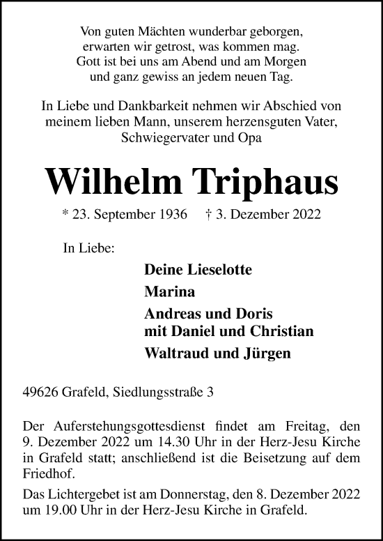 Traueranzeige von Wilhelm Triphaus von Neue Osnabrücker Zeitung GmbH & Co. KG