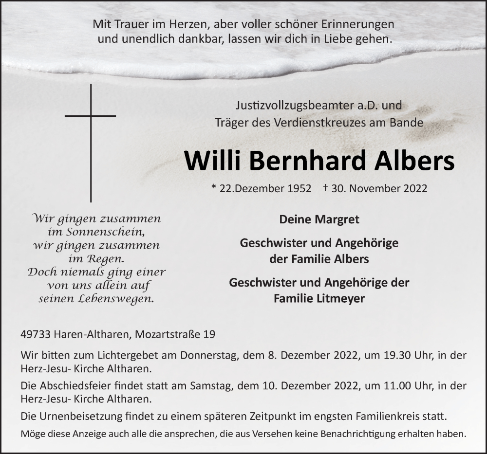  Traueranzeige für Willi Bernhard Albers vom 02.12.2022 aus Neue Osnabrücker Zeitung GmbH & Co. KG