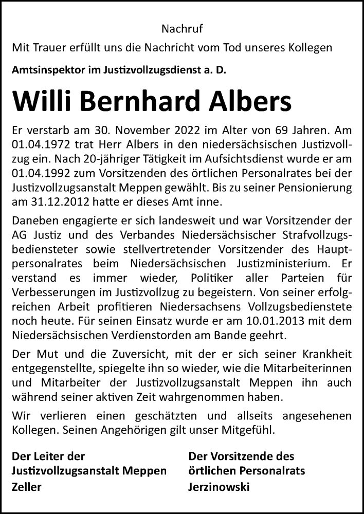  Traueranzeige für Willi Bernhard Albers vom 10.12.2022 aus Neue Osnabrücker Zeitung GmbH & Co. KG