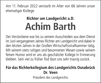 Traueranzeige von Achim Barth von Neue Osnabrücker Zeitung GmbH & Co. KG