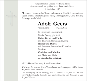 Traueranzeige von Adolf Geers von Neue Osnabrücker Zeitung GmbH & Co. KG