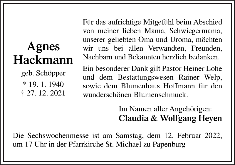  Traueranzeige für Agnes Hackmann vom 12.02.2022 aus Neue Osnabrücker Zeitung GmbH & Co. KG